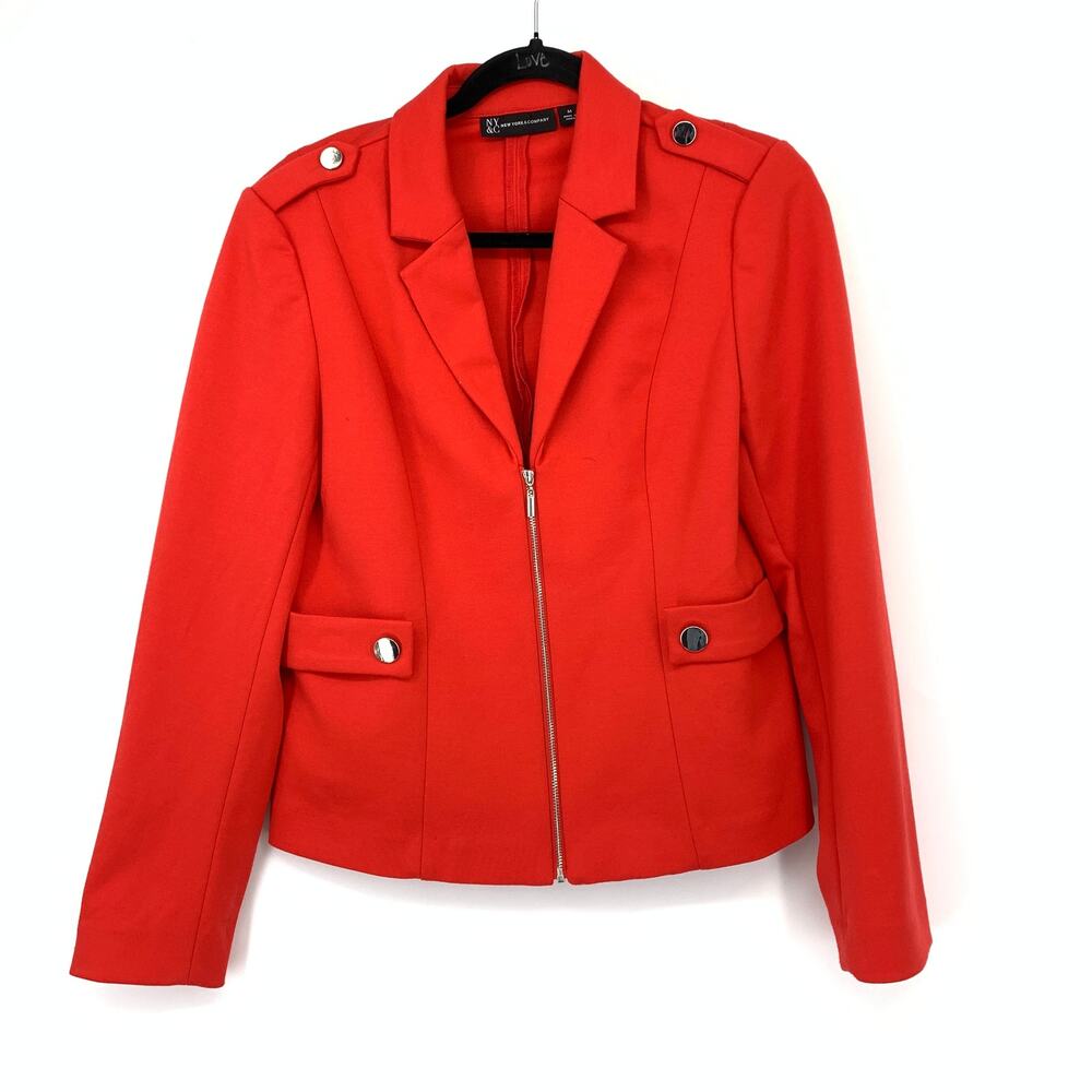 New York & Company Zip Front Blazer Jacket Womens Sz Medium Red Ponte Knit